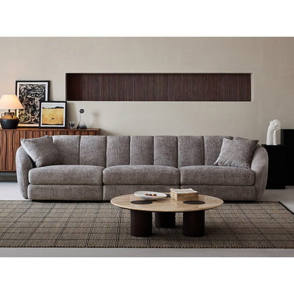 Divano componibile rettangolare in tessuto ciniglia con braccioli inclinati, divano a conchiglia