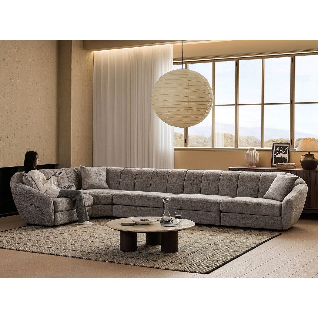 Divano componibile rettangolare in tessuto ciniglia con braccioli inclinati, divano a conchiglia