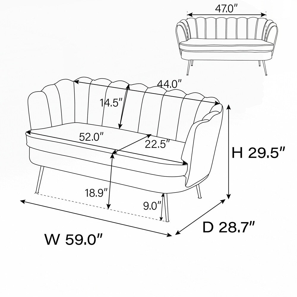 Divano a due posti per mini-stanze con gambe in metallo dorato - 2 posti