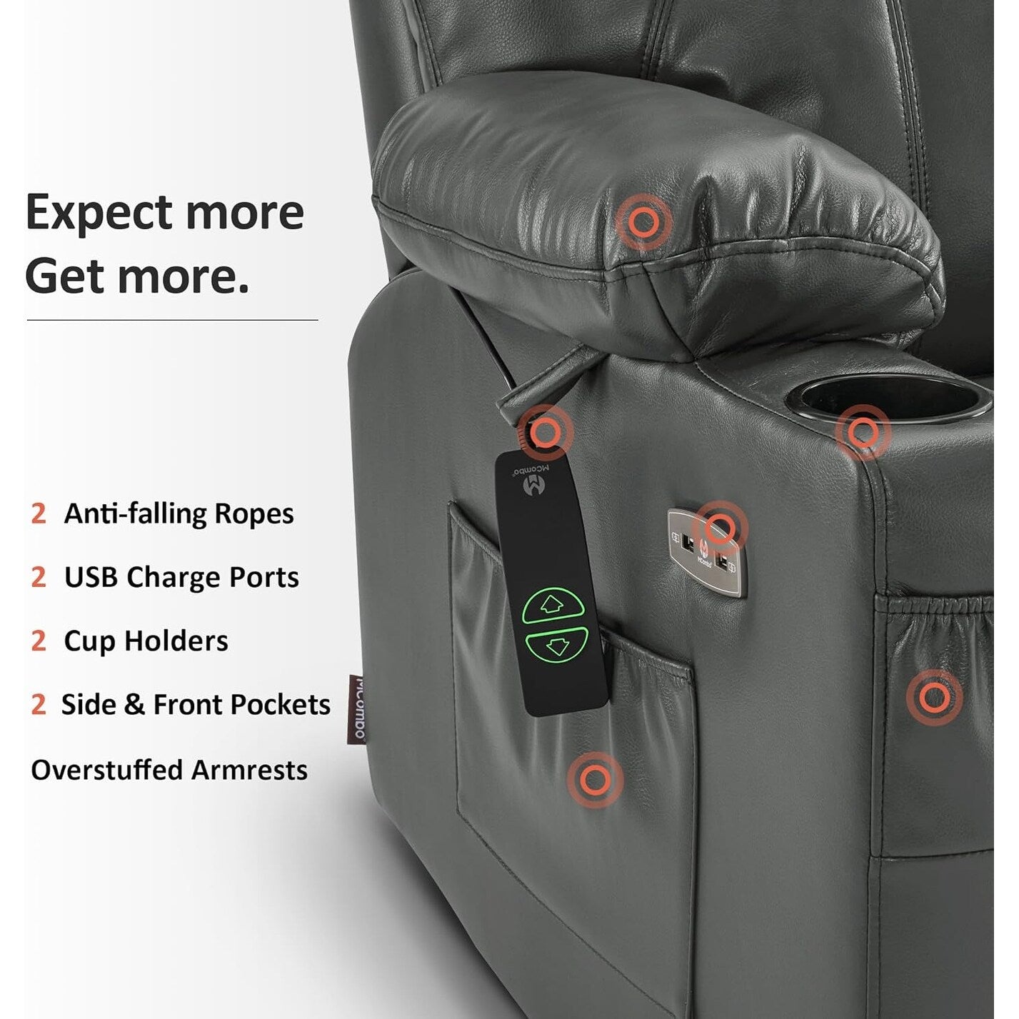 Poltrona reclinabile elettrica MCombo Small con massaggio e calore per anziani, 3 posizioni e porte USB, similpelle 7141