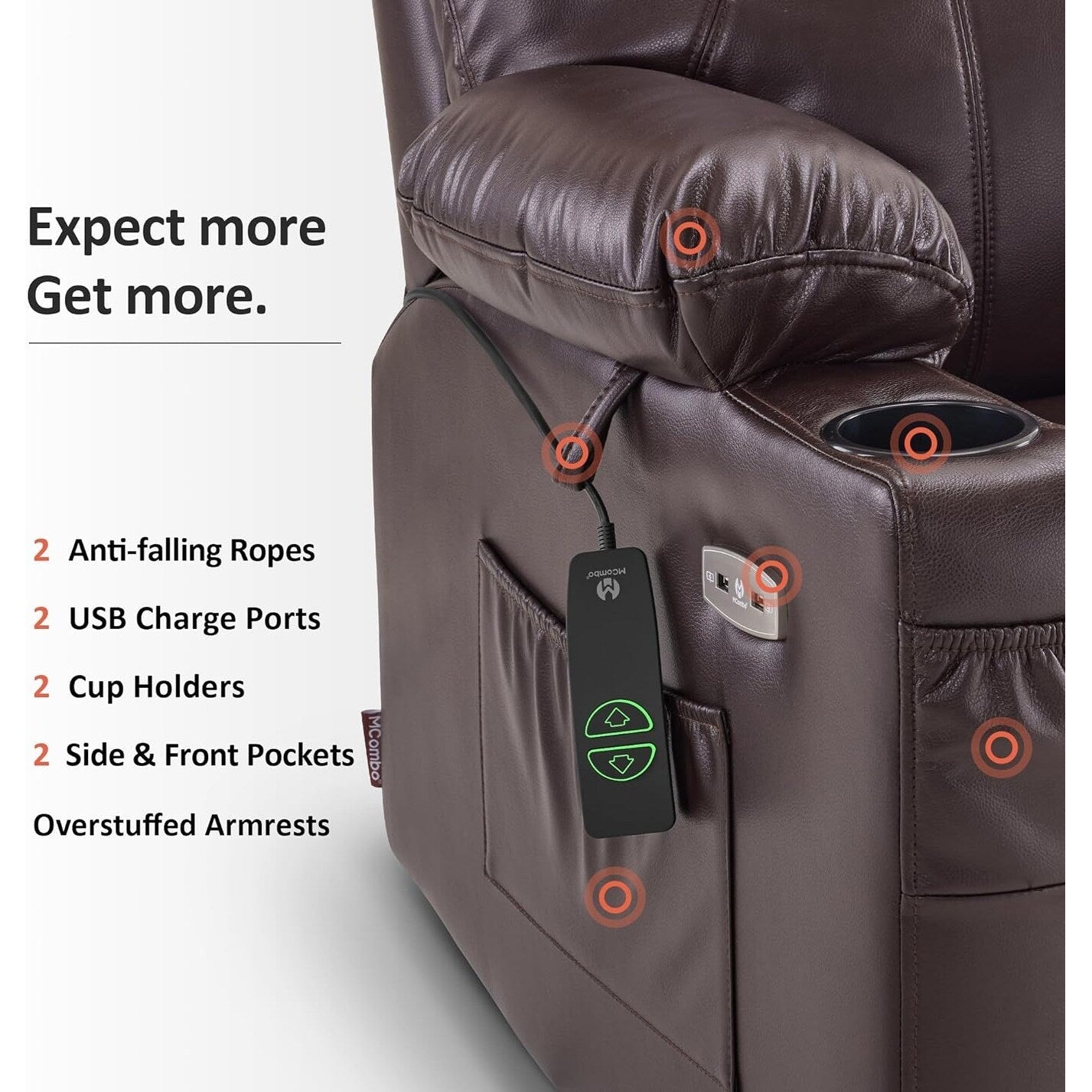 Poltrona reclinabile elettrica MCombo Small con massaggio e calore per anziani, 3 posizioni e porte USB, similpelle 7141