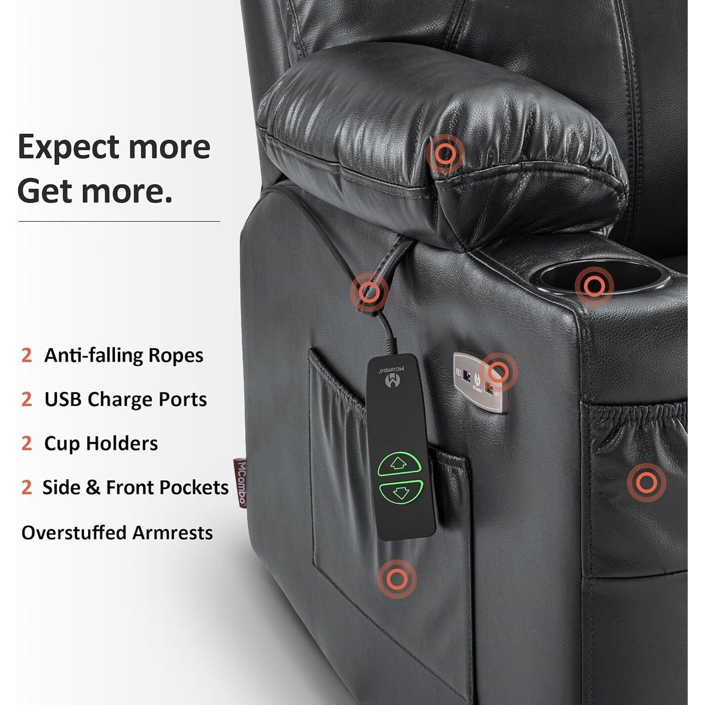 Poltrona reclinabile elettrica MCombo Small con massaggio e calore per anziani, 3 posizioni e porte USB, similpelle 7141