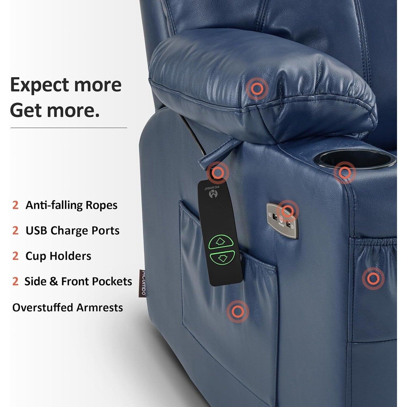 Poltrona reclinabile elettrica MCombo Small con massaggio e calore per anziani, 3 posizioni e porte USB, similpelle 7141