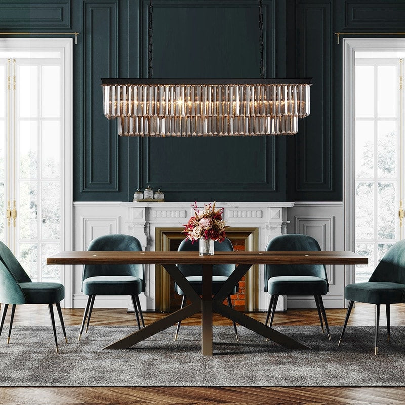 Lampadario moderno contemporaneo in cristallo grigio fumé e nero da 47 pollici, a 2 livelli, con isola da cucina lineare, per sala da pranzo