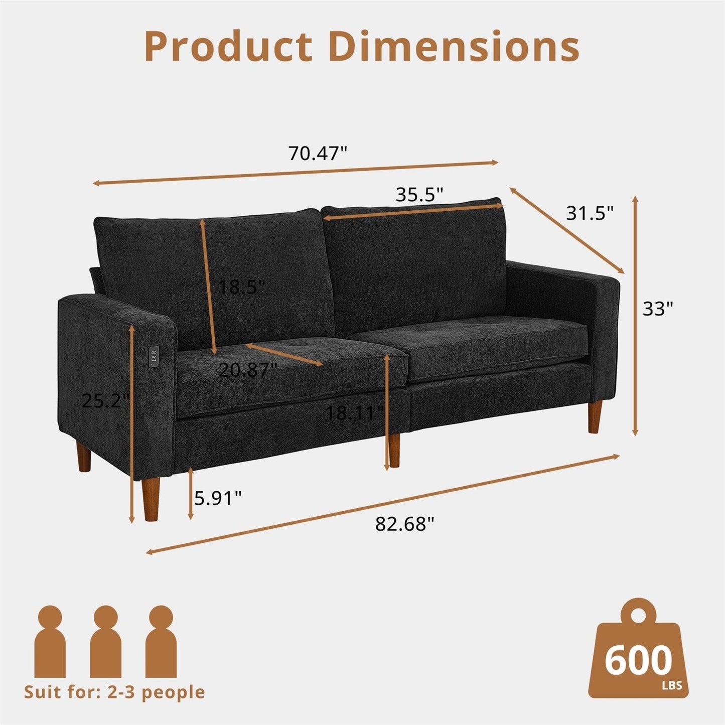 82.7 Divani per soggiorno, comodi divani a due posti, divano a due posti in velluto a coste, facile da montare con USB