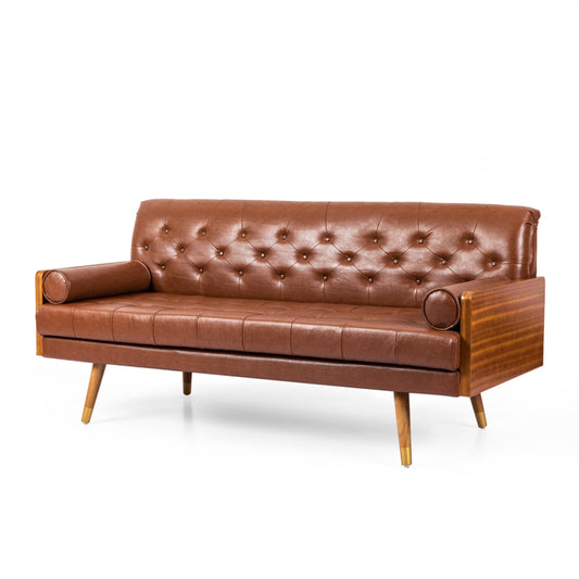 Divano Chesterfield moderno da 72 pollici, imbottito con bottoni, in similpelle marrone