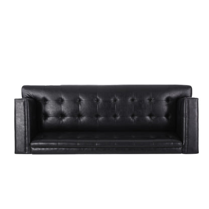 Divano, 3 posti da 81 pollici, in similpelle nera trapuntata, struttura in legno marrone