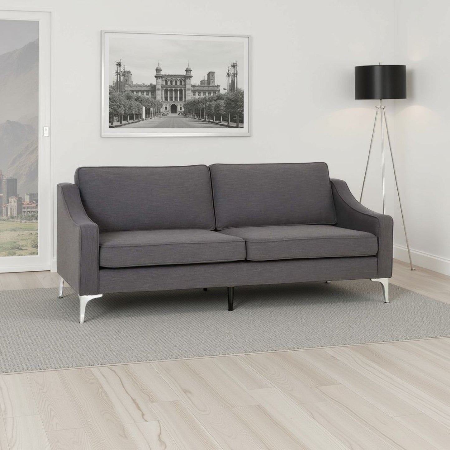 Divano, cuscini dello schienale rimovibili, rivestimento in tessuto grigio, gambe cromate, 85 pollici