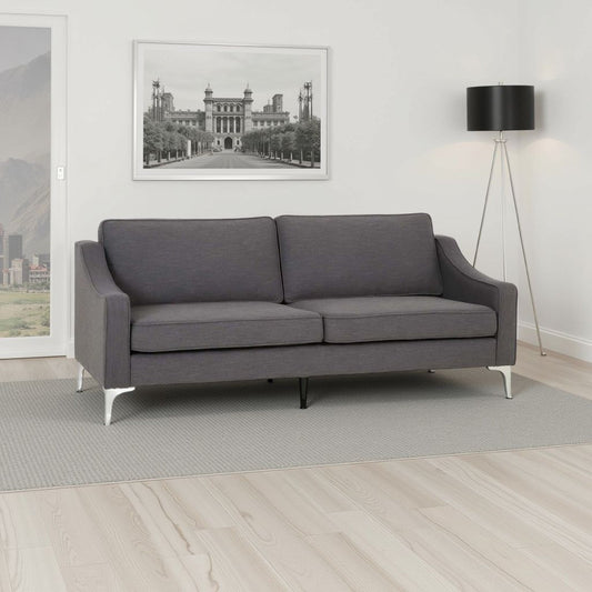 Divano, cuscini dello schienale rimovibili, rivestimento in tessuto grigio, gambe cromate, 85 pollici