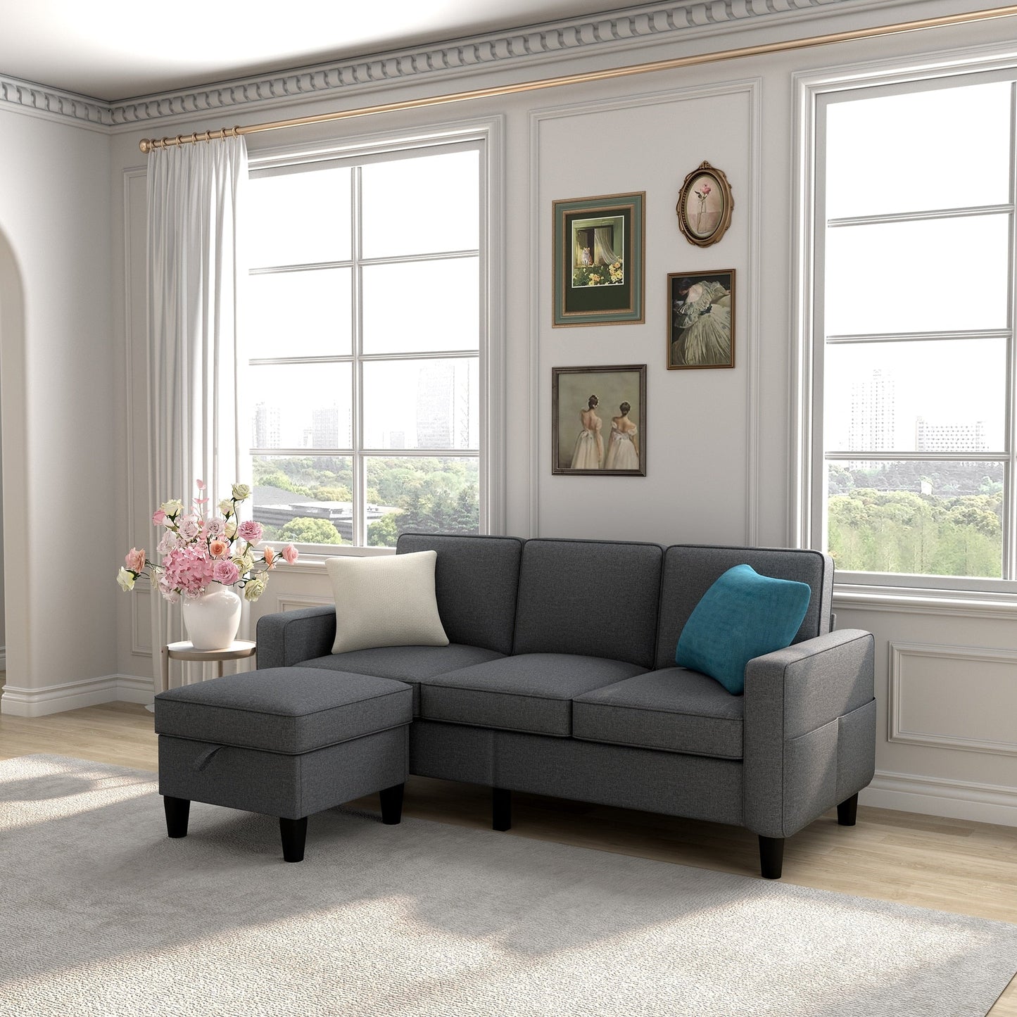 Divano modulare trasformabile in tessuto morbido e pouf - 53,50 x 77,50 x 33,00