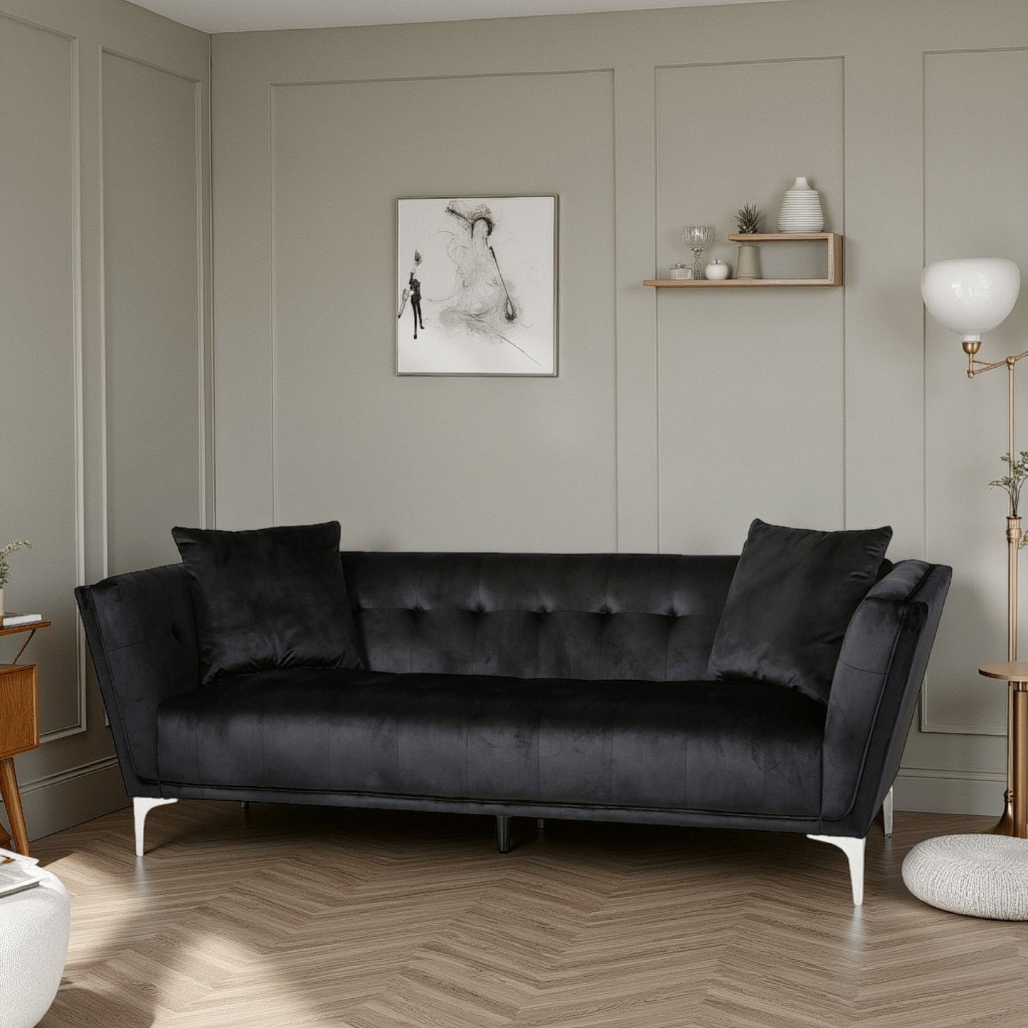 Divano Sofy, Chesterfield moderno da 87 pollici in velluto nero elegante con 2 cuscini