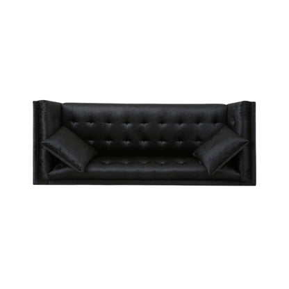 Divano Sofy, Chesterfield moderno da 87 pollici in velluto nero elegante con 2 cuscini