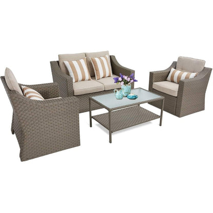 Set da conversazione con poltrona in vimini per patio da esterno da 4/5 pezzi, tavolino e cuscini