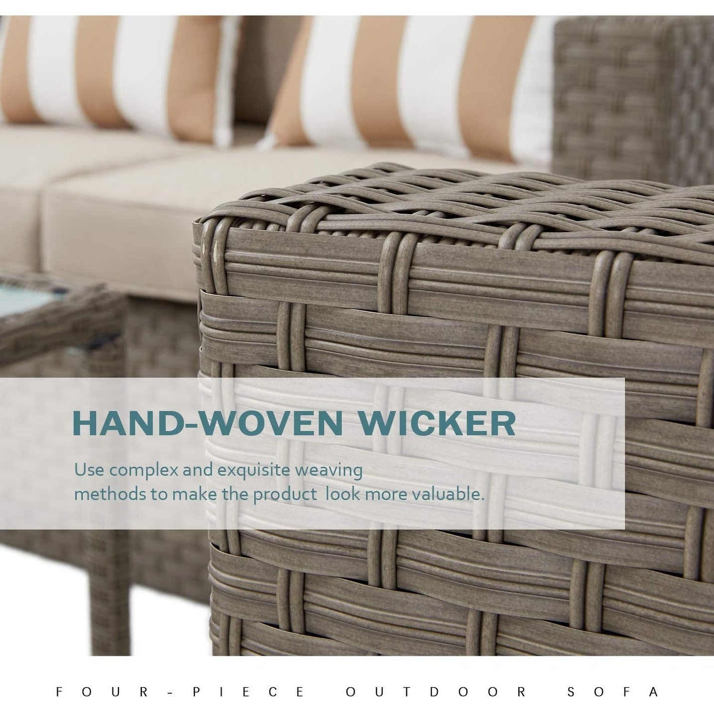 Set da conversazione con poltrona in vimini per patio da esterno da 4/5 pezzi, tavolino e cuscini