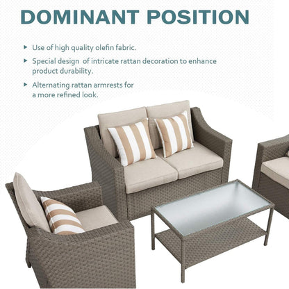 Set da conversazione con poltrona in vimini per patio da esterno da 4/5 pezzi, tavolino e cuscini