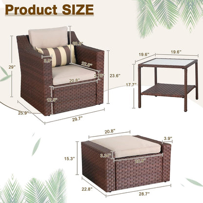 Set da conversazione con poltrona e pouf in vimini per patio da esterno, 5 pezzi