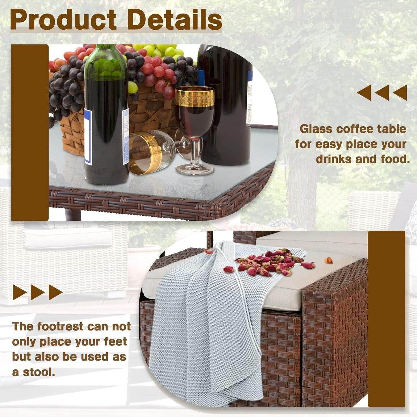 Set da conversazione con poltrona e pouf in vimini per patio da esterno, 5 pezzi