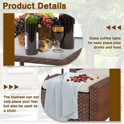 Set da conversazione con poltrona e pouf in vimini per patio da esterno, 5 pezzi