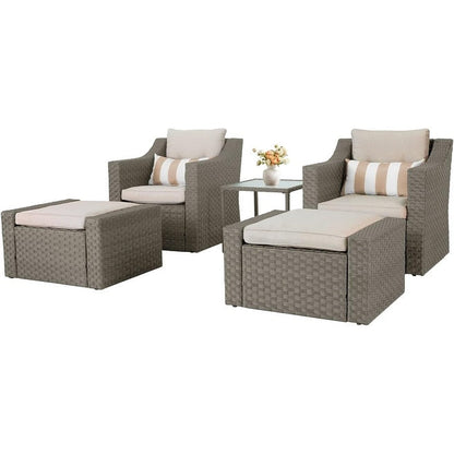 Set da conversazione con poltrona e pouf in vimini per patio da esterno, 5 pezzi