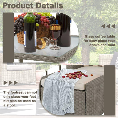 Set da conversazione con poltrona e pouf in vimini per patio da esterno, 5 pezzi