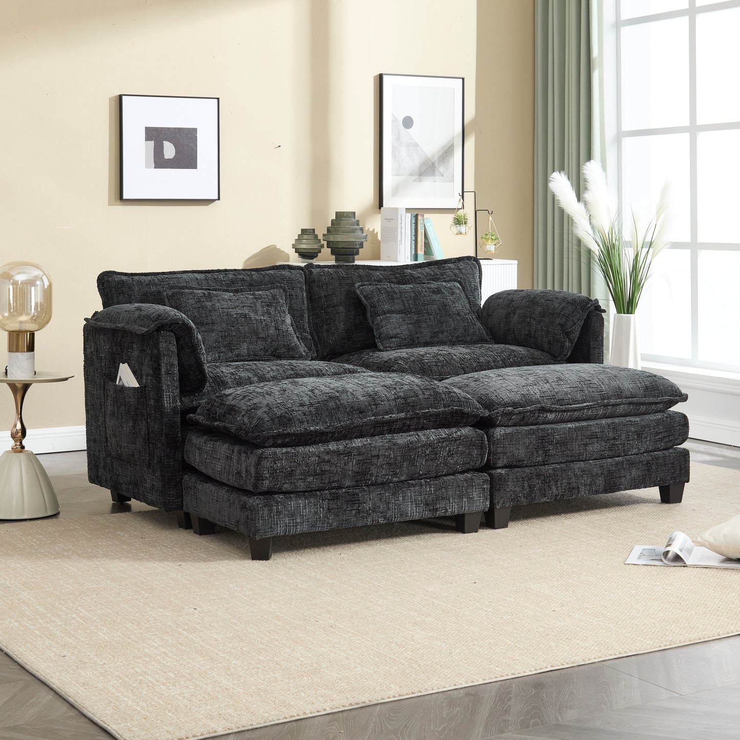 Costruzione solida, la struttura complessiva del divano è stabile, due sgabelli e divano a due posti con tasche laterali