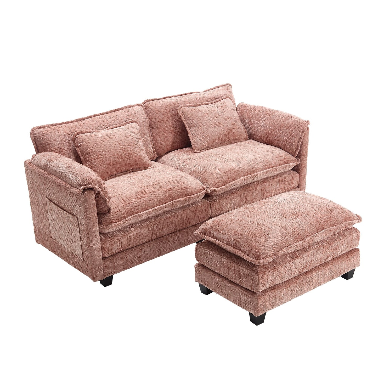 Costruzione solida, la struttura complessiva del divano è stabile, due sgabelli e divano a due posti con tasche laterali