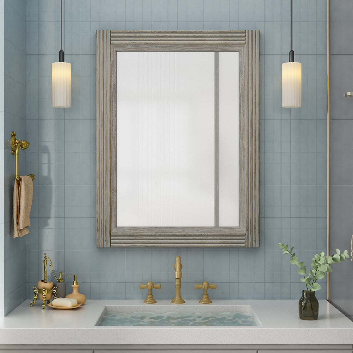 Specchio da bagno piatto con cornice in legno massello