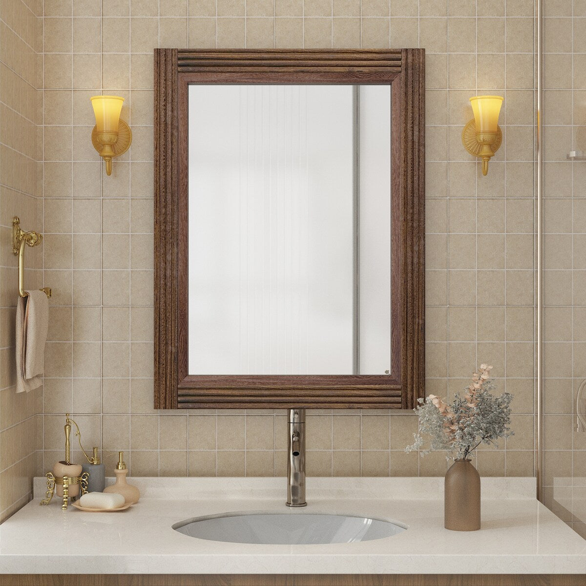 Specchio da bagno piatto con cornice in legno massello