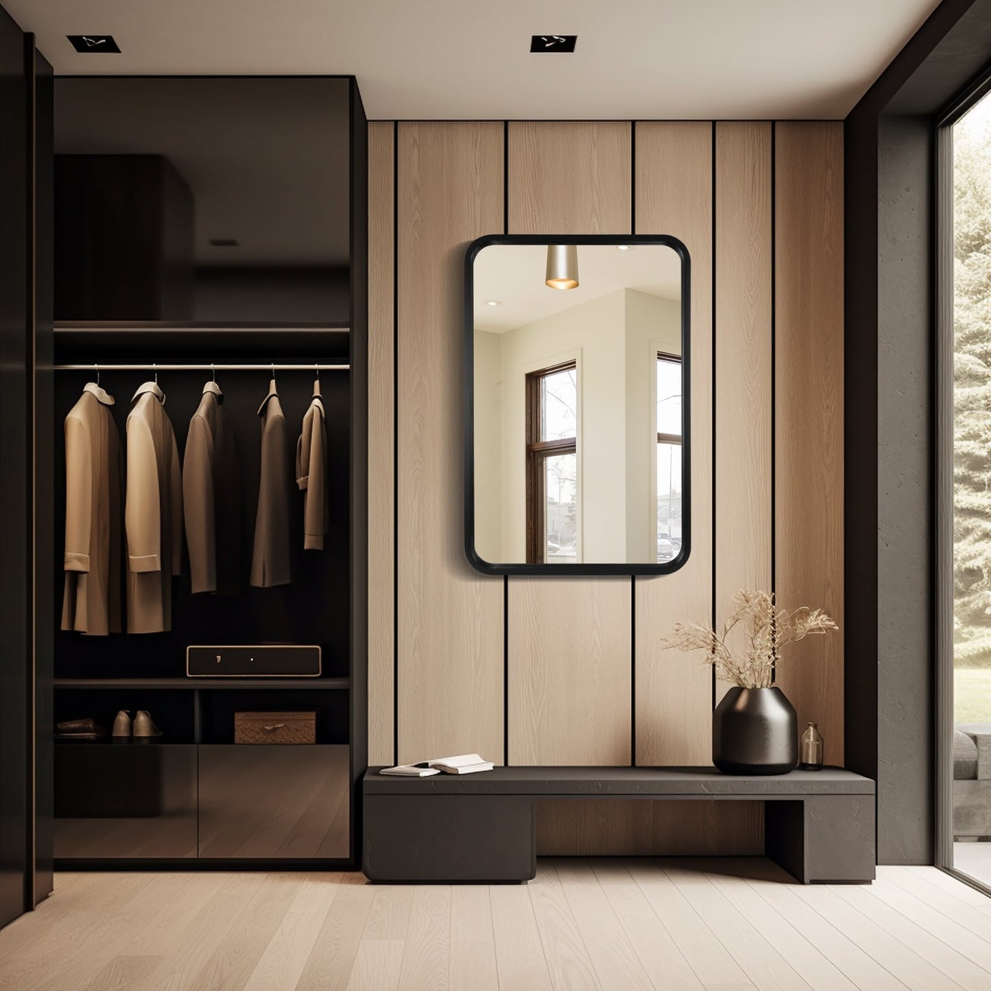 Specchio da parete rettangolare con angoli arrotondati e cornice in legno massello