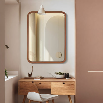 Specchio da parete rettangolare con angoli arrotondati e cornice in legno massello