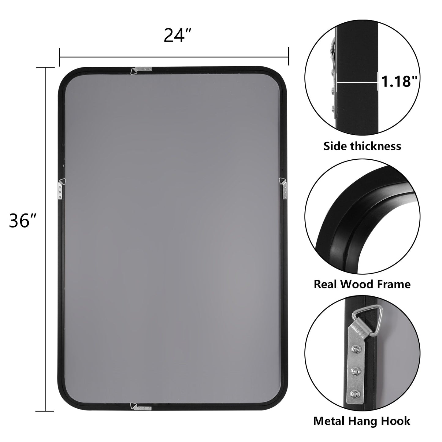 Specchio da parete rettangolare con angoli arrotondati e cornice in legno massello