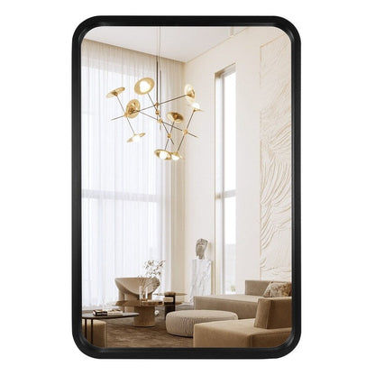 Specchio da parete rettangolare con angoli arrotondati e cornice in legno massello