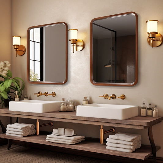 Specchio da parete rettangolare con angoli arrotondati e cornice in legno massello