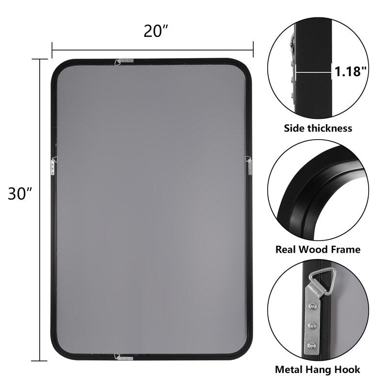 Specchio da parete rettangolare con angoli arrotondati e cornice in legno massello