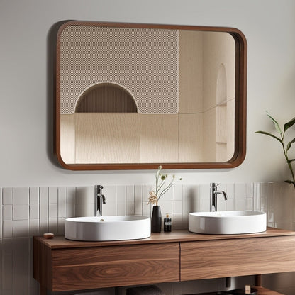 Specchio da parete rettangolare con angoli arrotondati e cornice in legno massello