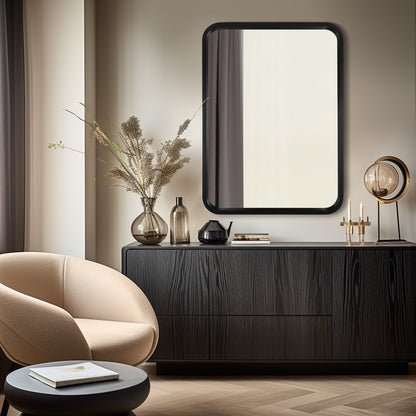 Specchio da parete rettangolare con angoli arrotondati e cornice in legno massello