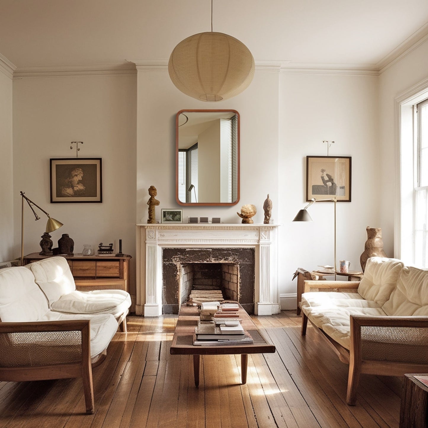 Specchio da parete rettangolare con angoli arrotondati e cornice in legno massello