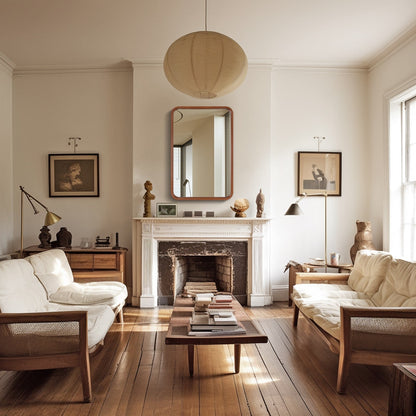 Specchio da parete rettangolare con angoli arrotondati e cornice in legno massello