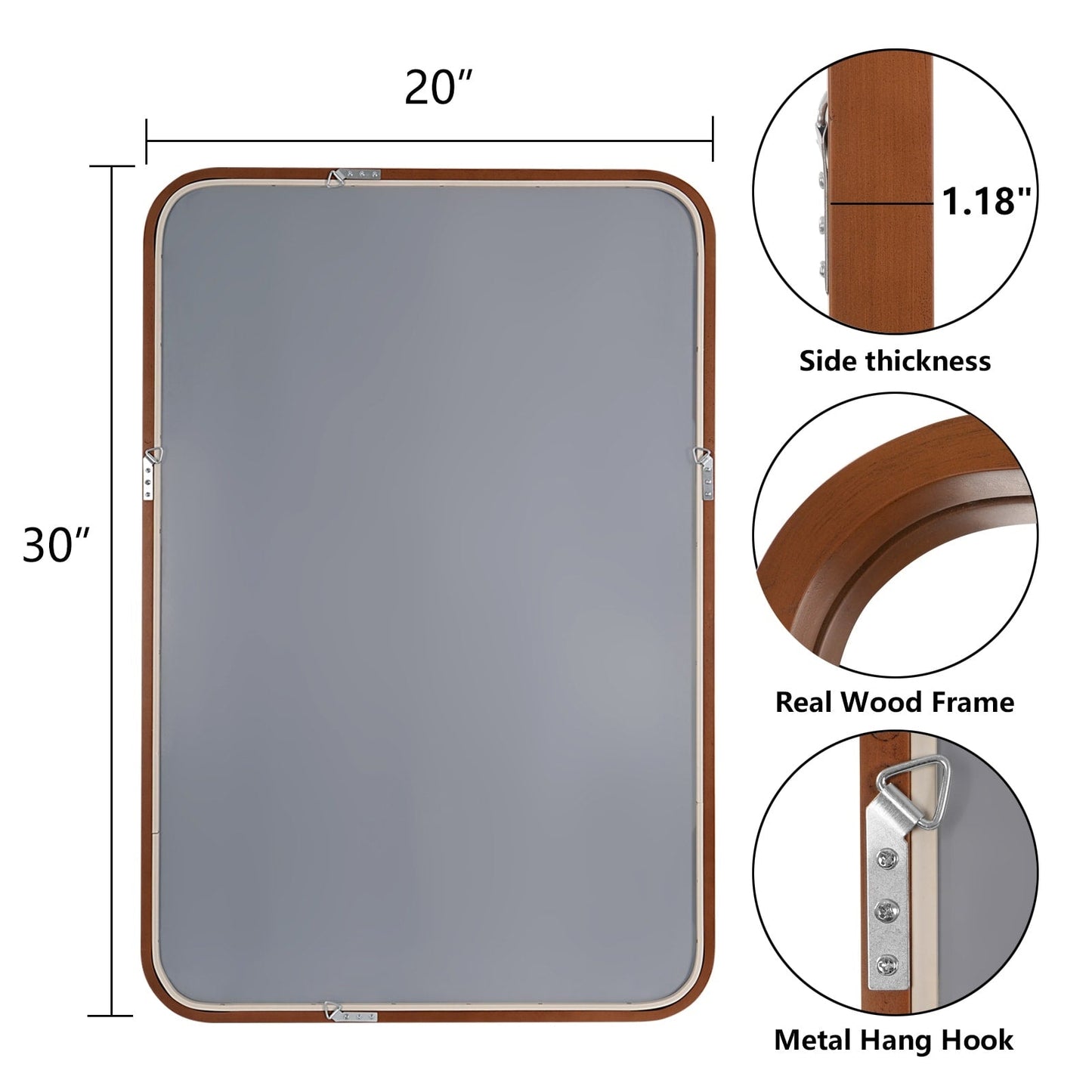Specchio da parete rettangolare con angoli arrotondati e cornice in legno massello