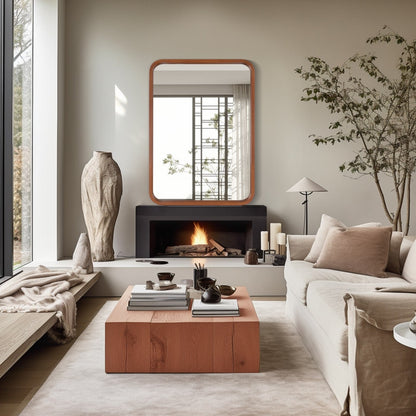 Specchio da parete rettangolare con angoli arrotondati e cornice in legno massello