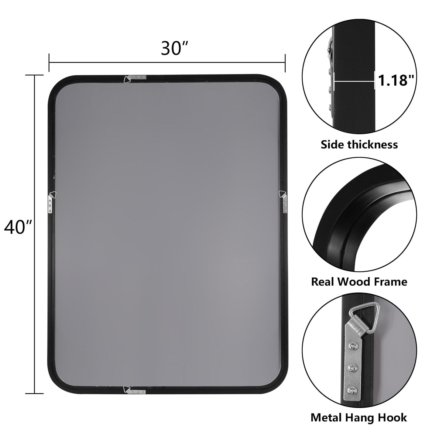 Specchio da parete rettangolare con angoli arrotondati e cornice in legno massello