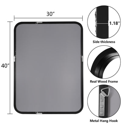 Specchio da parete rettangolare con angoli arrotondati e cornice in legno massello