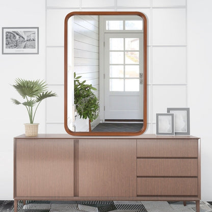 Specchio da parete rettangolare con angoli arrotondati e cornice in legno massello