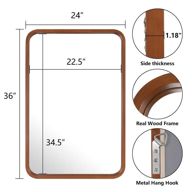 Specchio da parete rettangolare con angoli arrotondati e cornice in legno massello
