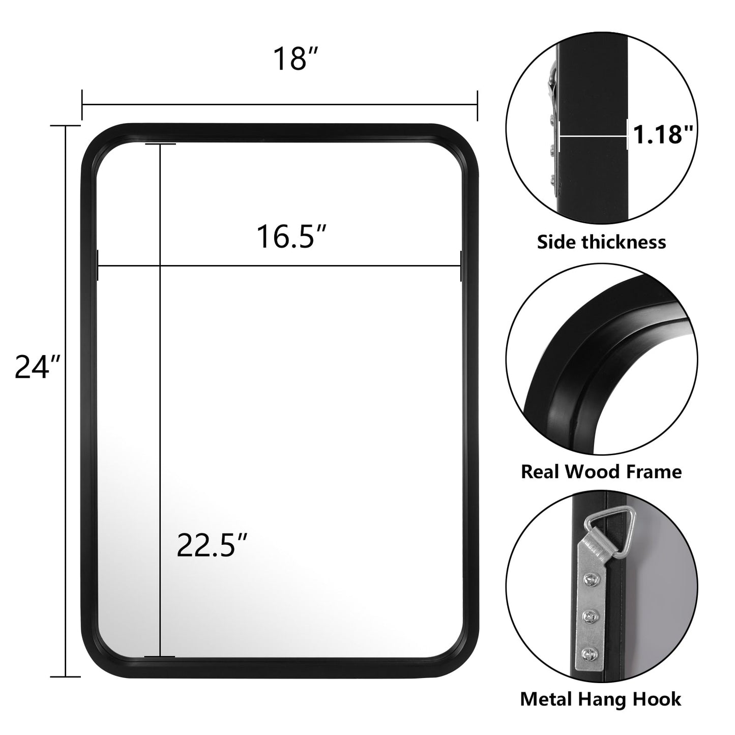 Specchio da parete rettangolare con angoli arrotondati e cornice in legno massello