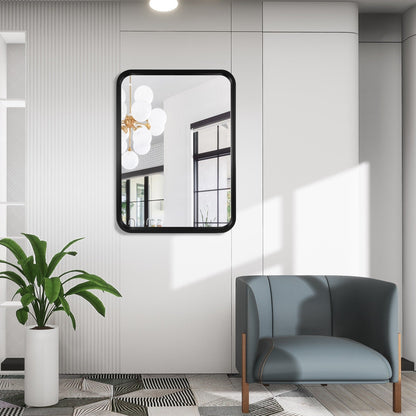 Specchio da parete rettangolare con angoli arrotondati e cornice in legno massello