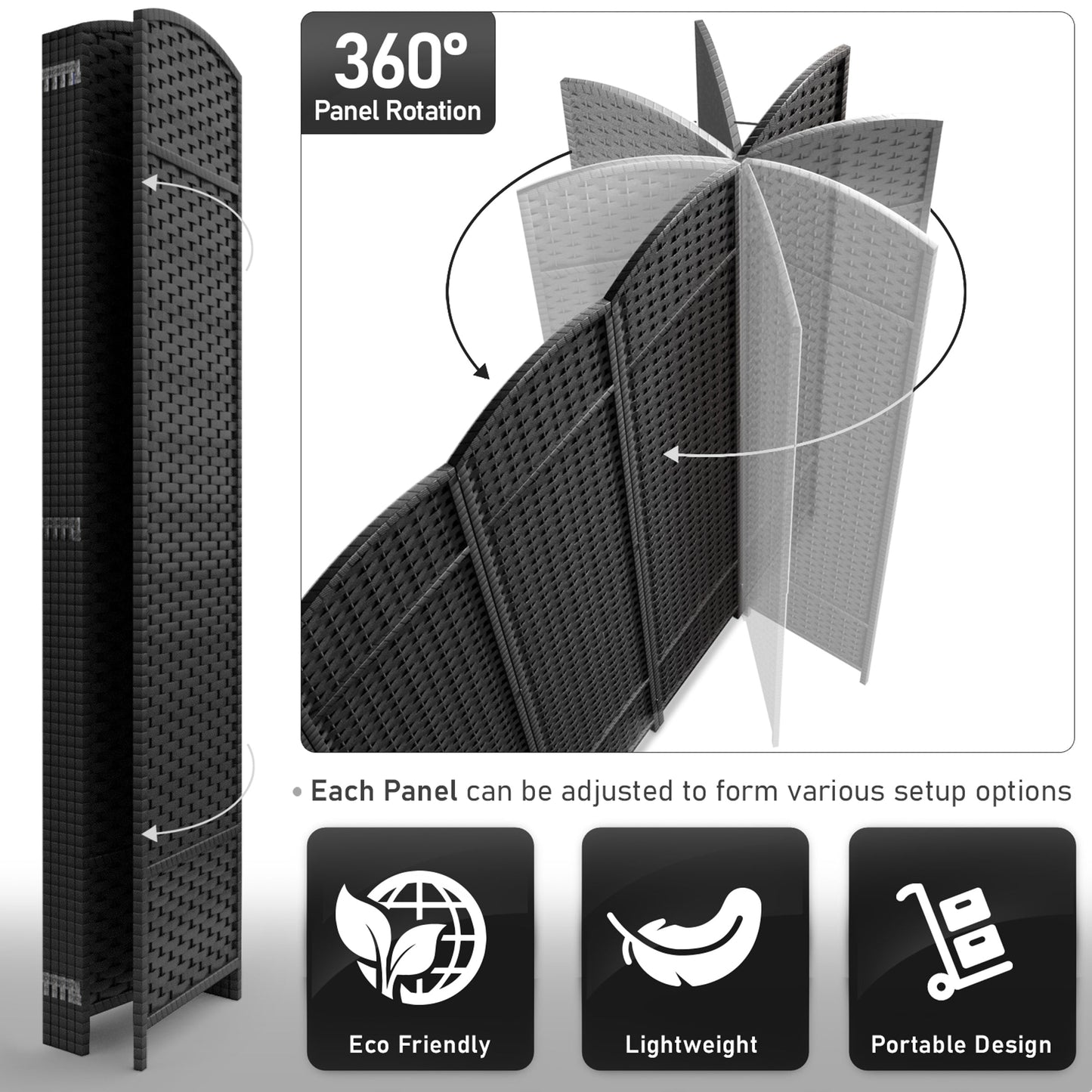 Divisorio per ambienti Sorbus a 6 pannelli, divisorio per la privacy alto, divisorio a parete pieghevole extra largo con doppia cerniera, intrecciato a mano - 6 piedi