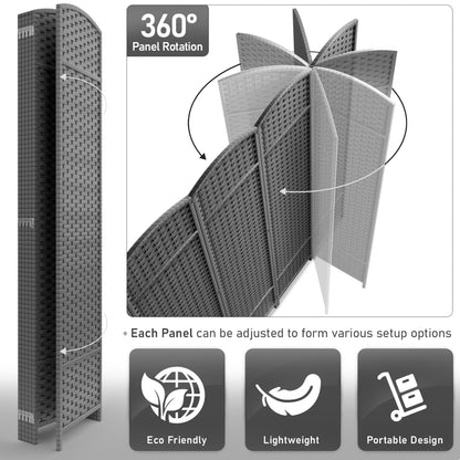 Divisorio per ambienti Sorbus a 6 pannelli, divisorio per la privacy alto, divisorio a parete pieghevole extra largo con doppia cerniera, intrecciato a mano - 6 piedi