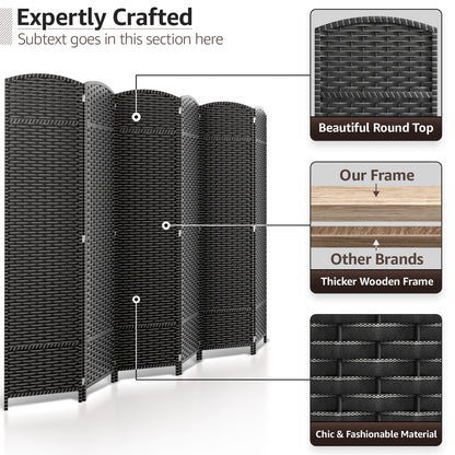 Divisorio per ambienti Sorbus a 6 pannelli, divisorio per la privacy alto, divisorio a parete pieghevole extra largo con doppia cerniera, intrecciato a mano - 6 piedi