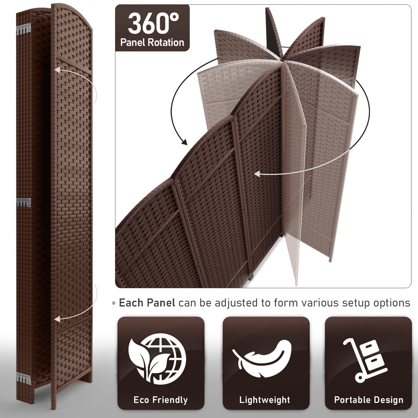 Divisorio per ambienti Sorbus a 6 pannelli, divisorio per la privacy alto, divisorio a parete pieghevole extra largo con doppia cerniera, intrecciato a mano - 6 piedi
